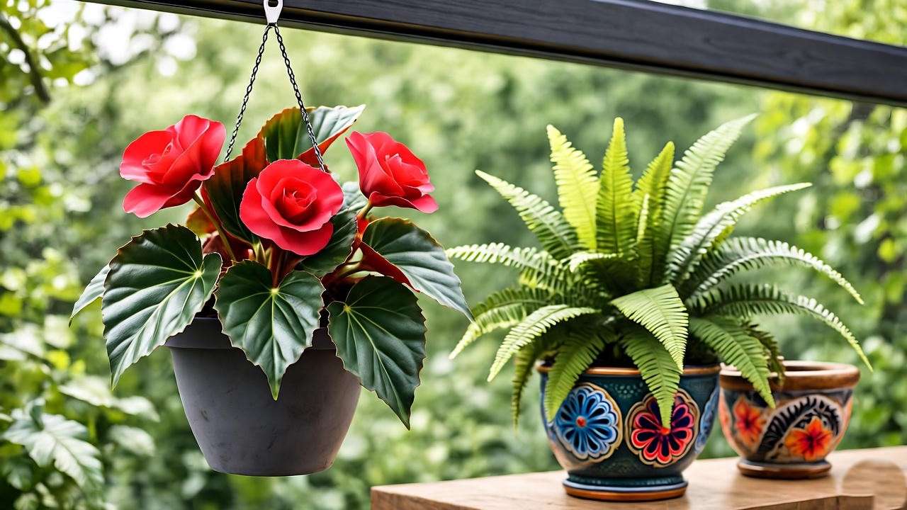 "Stylish indoor display of begonia indoor plants in hanging planters with ferns." 