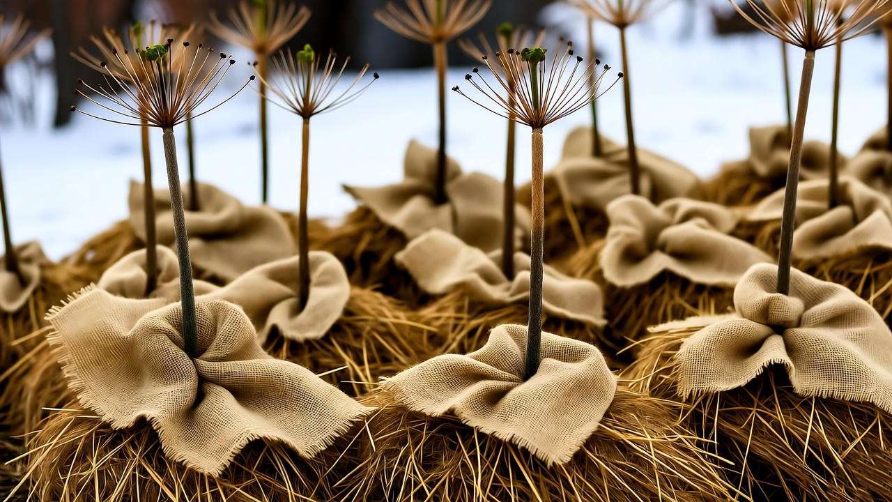 Tall lily plants mulched with straw and burlap in snowy winter garden". 