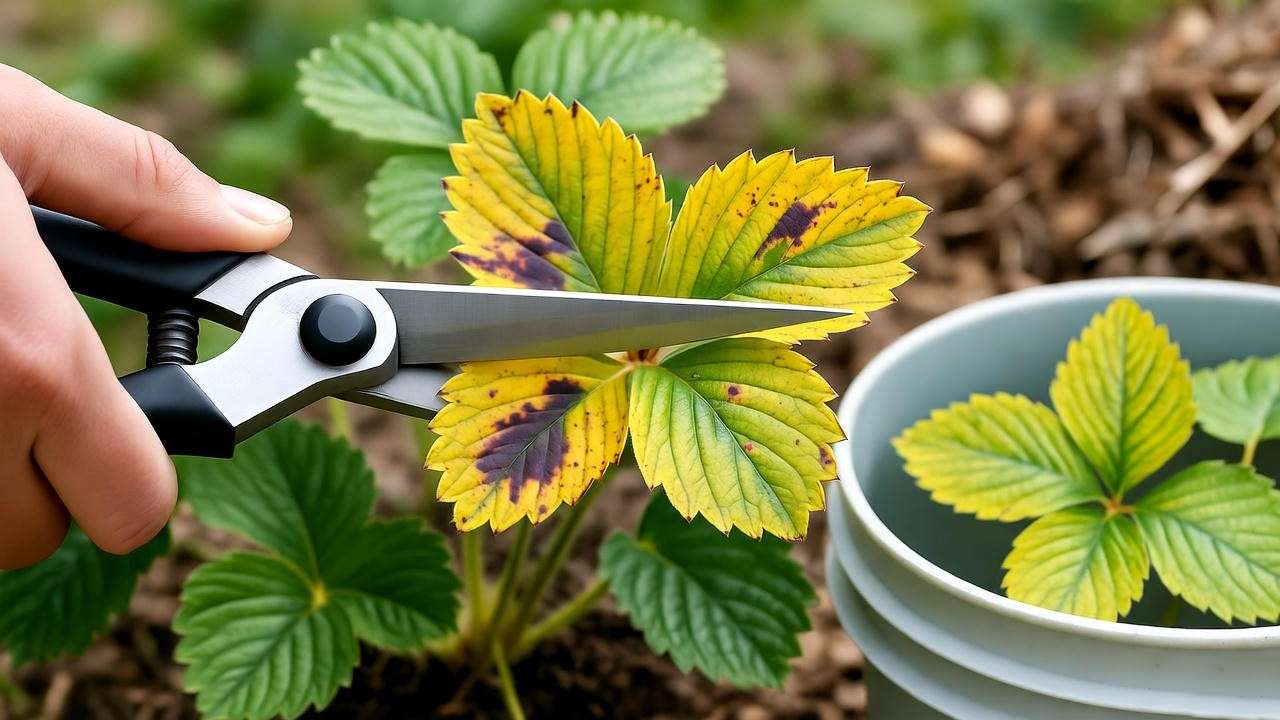 Pruning yellow strawberry plant leaves: removing diseased foliage for healthy regrowth 