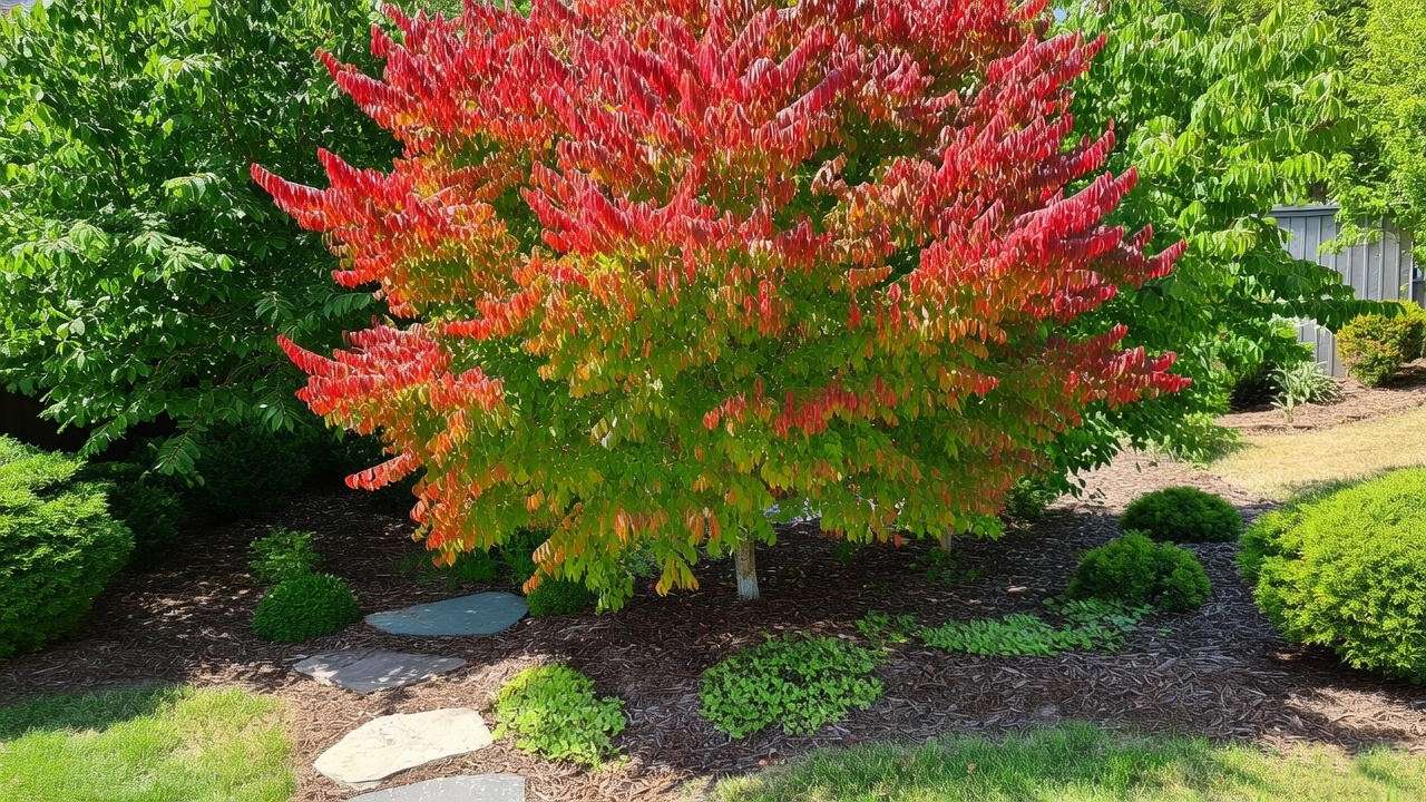 Raywood Ash Tree as a focal point in a small yard with a garden path". 
