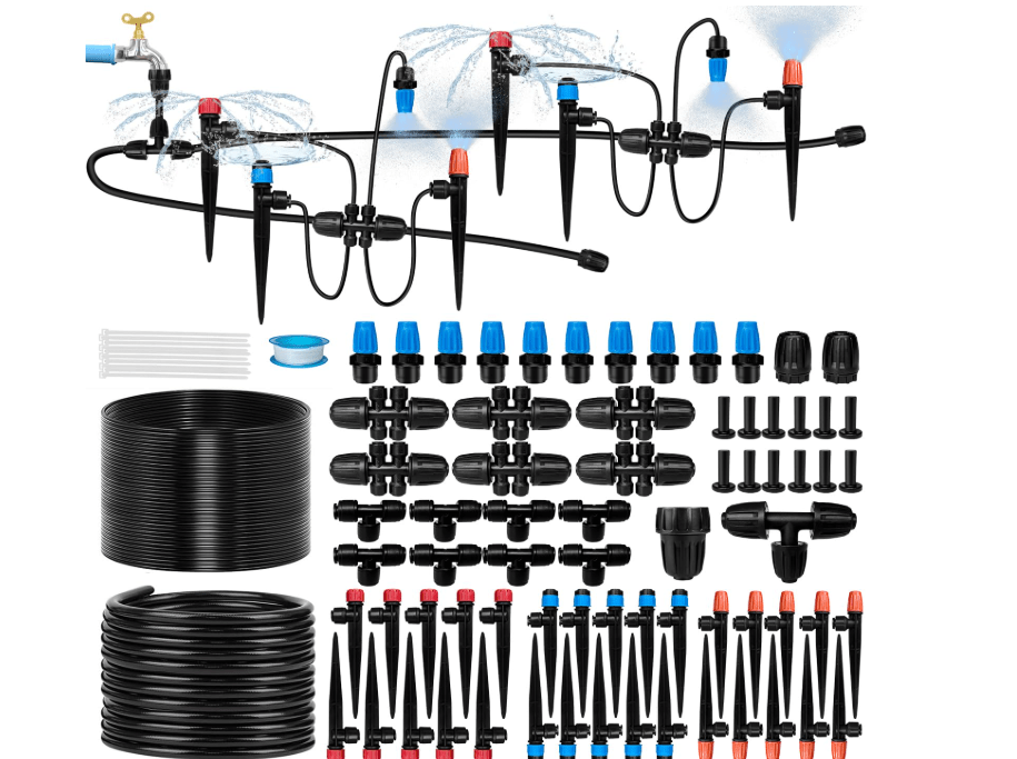 
TJJFMM 230FT Drip Irrigation System for Garden with 40 Nozzles & Emitters, Garden Watering System with 1/2" & 1/4" Tube and Barbed Fittings