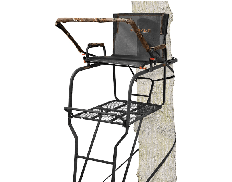 
BIG GAME 1-Person Ladder Tree Stand for Hunting Deer, Flex-Tek Seat, Black - Adjustable Climbing Treestand with Platform and Safety Harness for Shooting