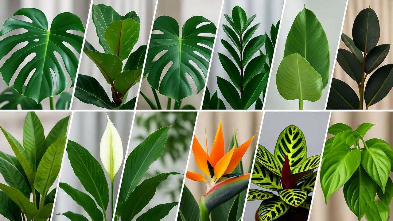 "Collage of 12 big leaf plants including Monstera and Fiddle Leaf Fig for indoor plant care identification." 