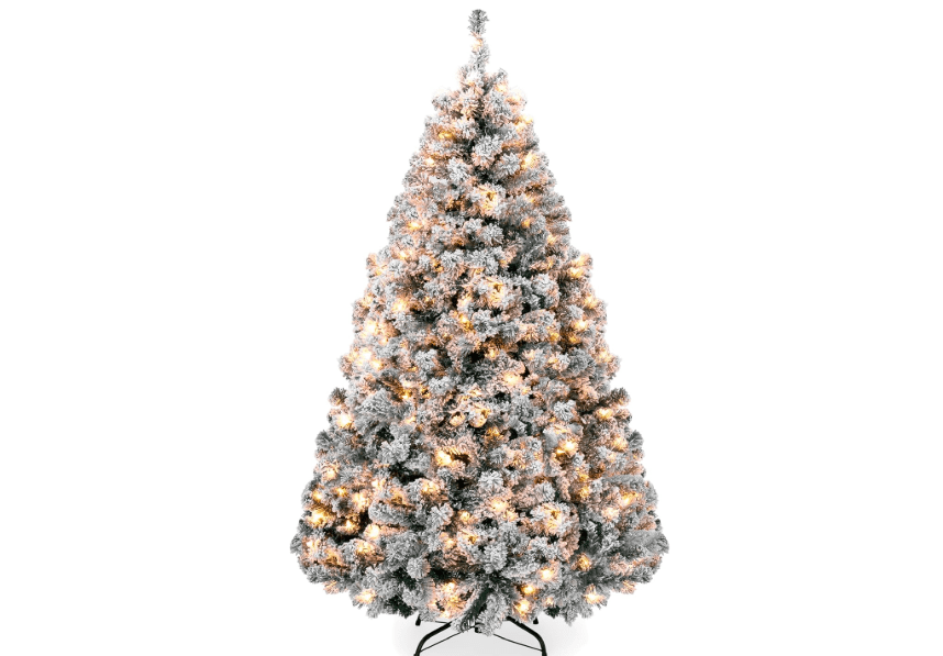 Best Choice Products Pre-Lit Artificial Christmas Tree, 6ft Snow Flocked Design Pine Tree, Full Appearance Snowy w/Easy Assembly, Metal Stand