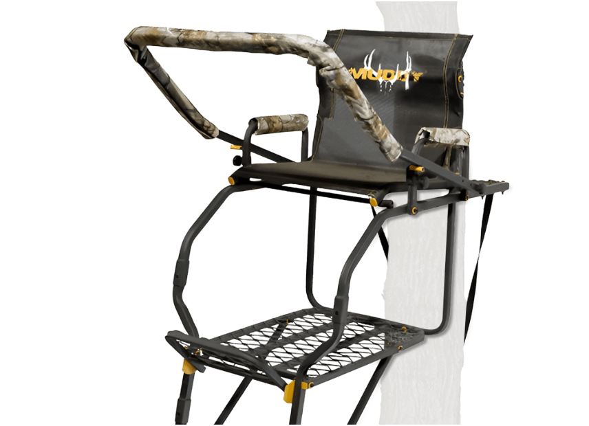 
MUDDY 1-Person Huntsman Deluxe Steel Ladder Tree Stand, 17 ft Tall, 300 lb Capacity - Heavy-Duty Hunting Treestand with Lumbar Support Seat, Flip-Back