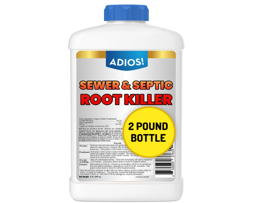 Adios! Sewer and Septic Root Killer for Trees and Shrubs, Copper Sulfate Formula Protects Sewer Pipes, Drains and Septic Tanks from Invasive Root Growth