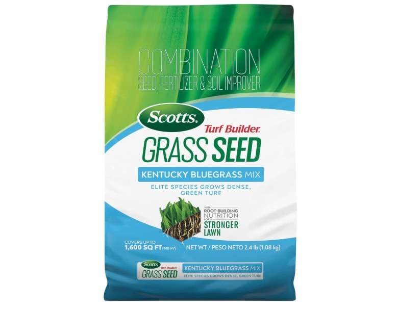 Scotts Turf Builder Grass Seed Kentucky Bluegrass Mix with Fertilizer and Soil Improver, Grows Dense, Green Turf, 2.4lbs.
