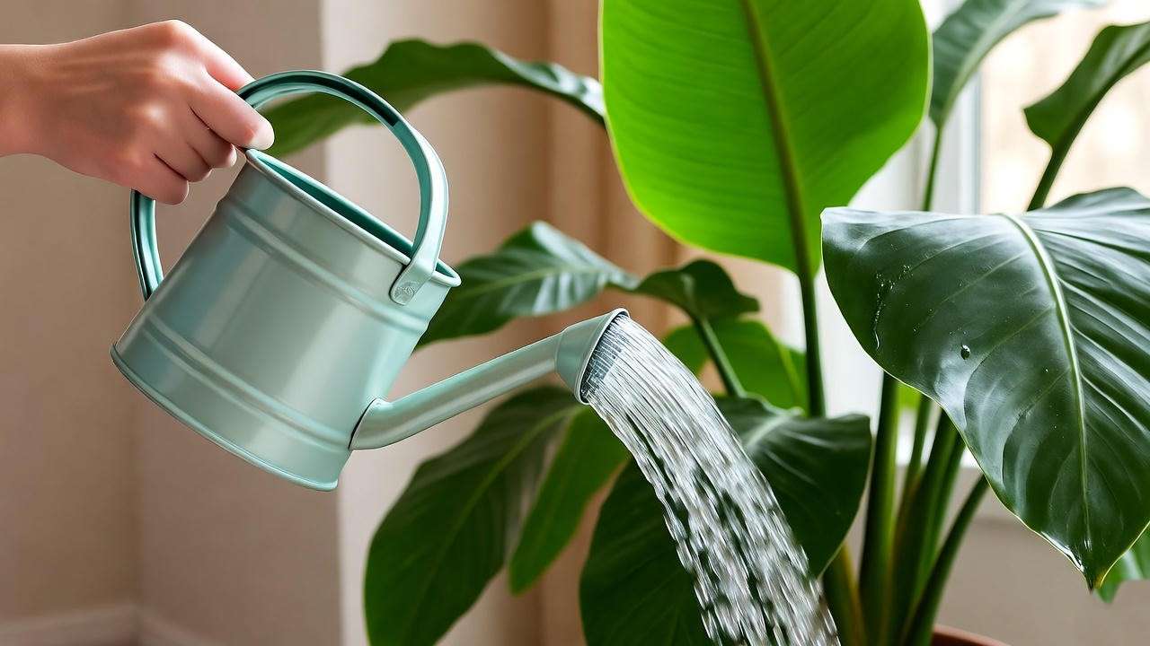 "Watering large green leafed plant indoors, tropical houseplant watering schedule"