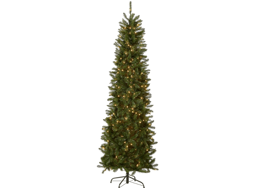 
National Tree Company Artificial Pre-Lit Slim Christmas Tree, Green, Kingswood Fir, White Lights, Includes Stand