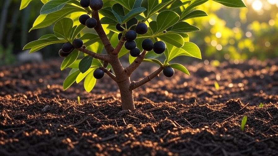 "Black Madeira fig tree with ripe figs in well-draining soil and mulch"