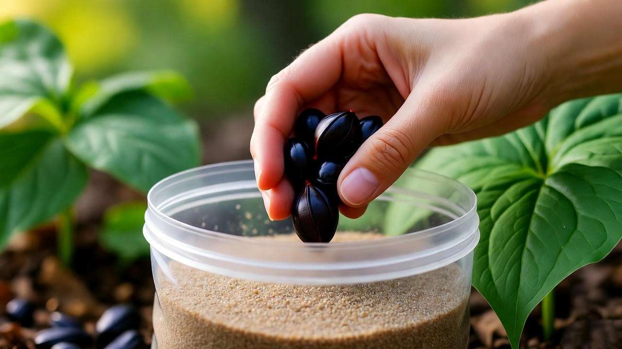 Close-up of hands stratifying trillium seeds in moist sand with forest background. 