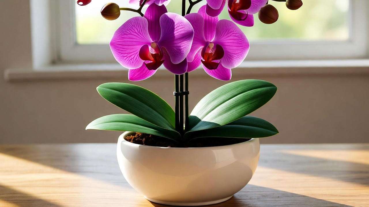  Close-up of a realistic faux orchid planter with purple silk petals in a ceramic pot on a wooden surface. 
