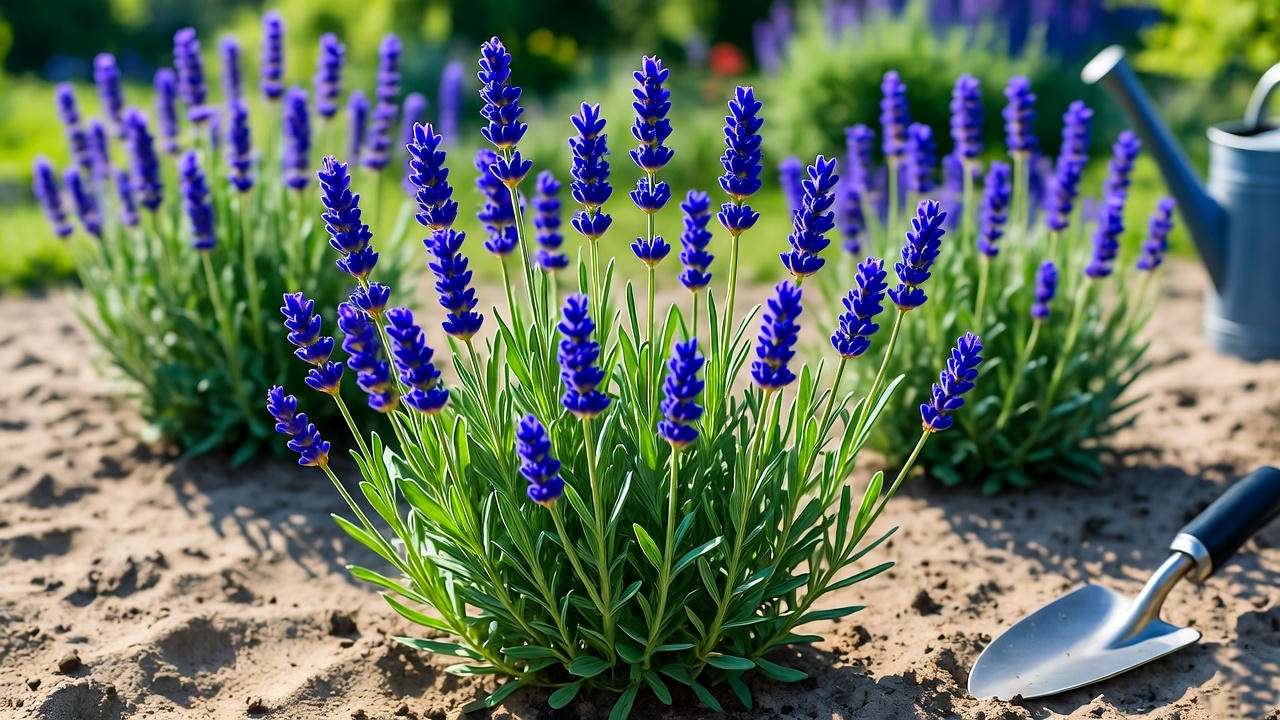 "Close-up of blue lavender plant being planted in well-draining soil with gardening tools in a sunny garden." 