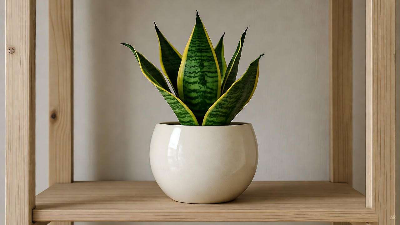 "Sleek white ceramic round planter with lush snake plant on minimalist wooden shelf" 