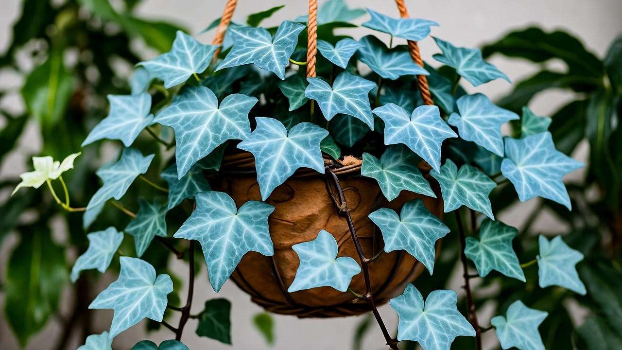 "Lush blue ivy plant with bluish-green leaves in a hanging basket, ideal for indoor decor."