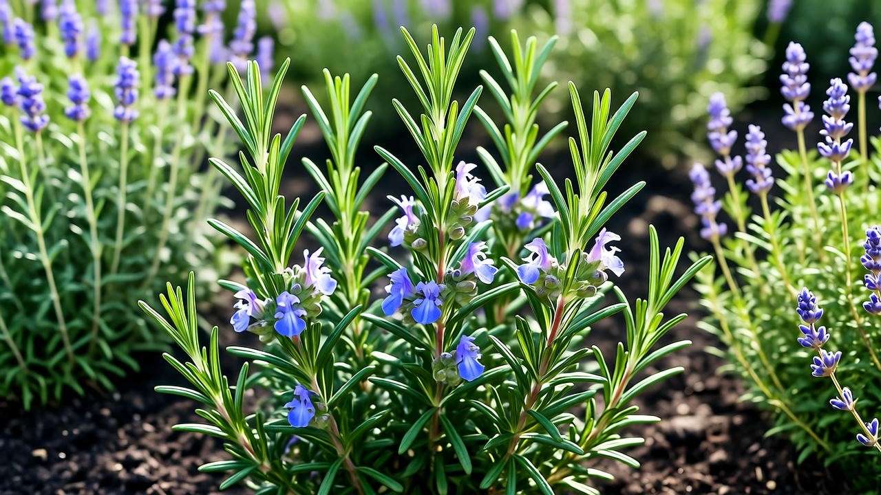 Vibrant upright rosemary plant with blue flowers in a sunny garden bed alongside lavender and thyme.