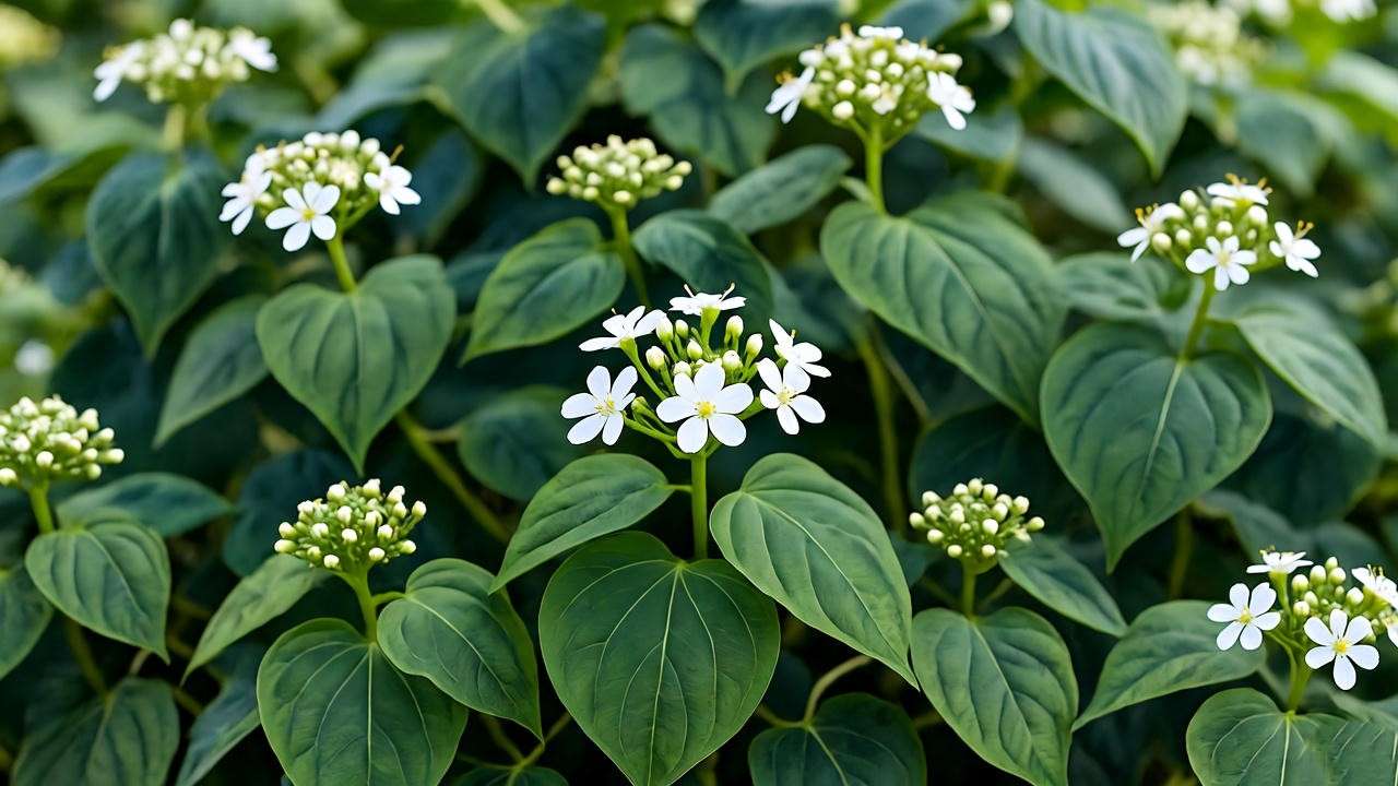 Close-up of a loroco plant with heart-shaped leaves and white flowers in a tropical garden