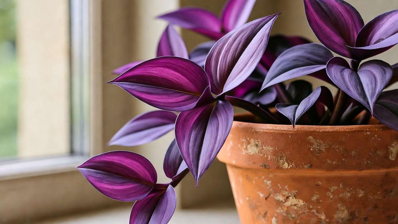  "Close-up of thriving Purple Heart plant in terracotta pot near window with bright light" 