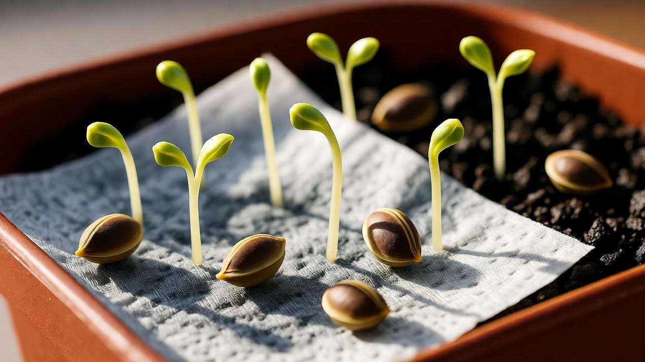  "Close-up of Mango Kush seeds germinating in paper towel with soil pot" 