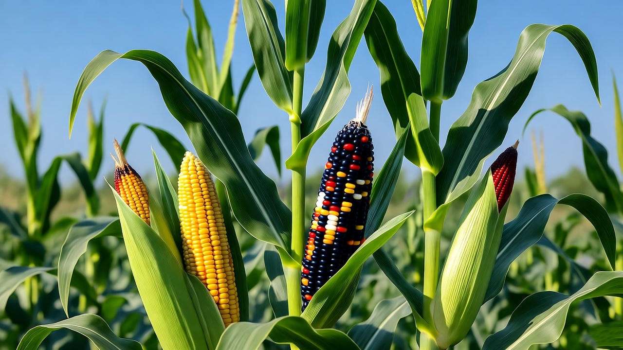 "Diverse corn varieties growing in a sunny garden plot with colorful kernels on healthy stalks." 