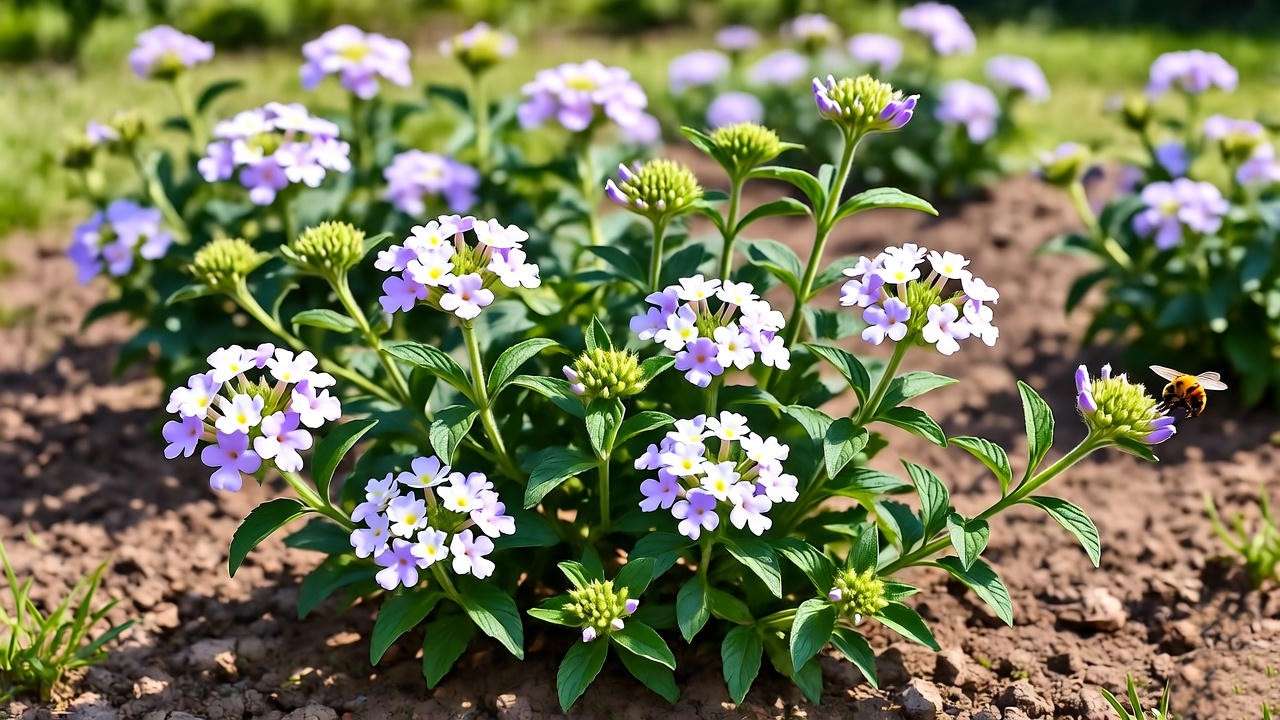  "Sweet almond verbena shrubs in full sun with bees in a well-draining garden bed." 