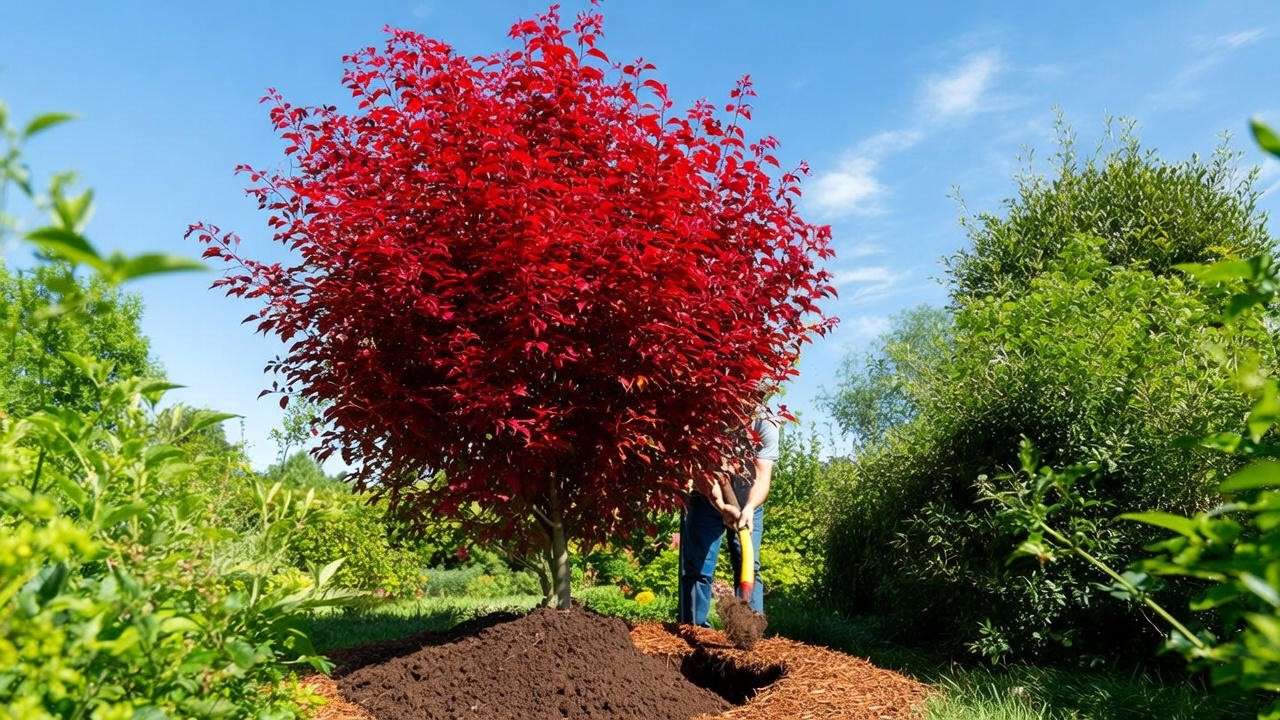  "Person planting a color tree with amended soil and mulch in a garden." 