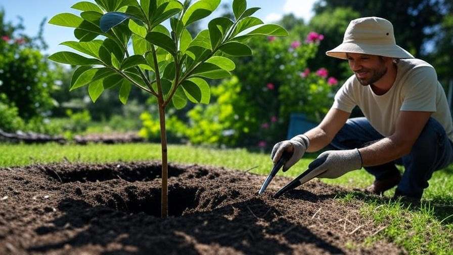 "Gardener planting a young Black Madeira fig tree with compost"