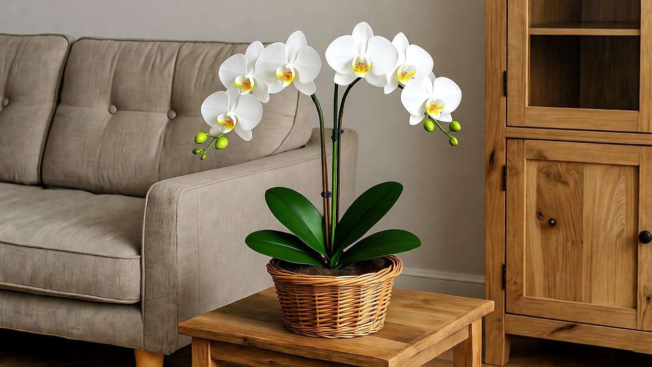 Faux orchid planter in a wicker basket in a modern living room with beige sofa and warm lighting. 