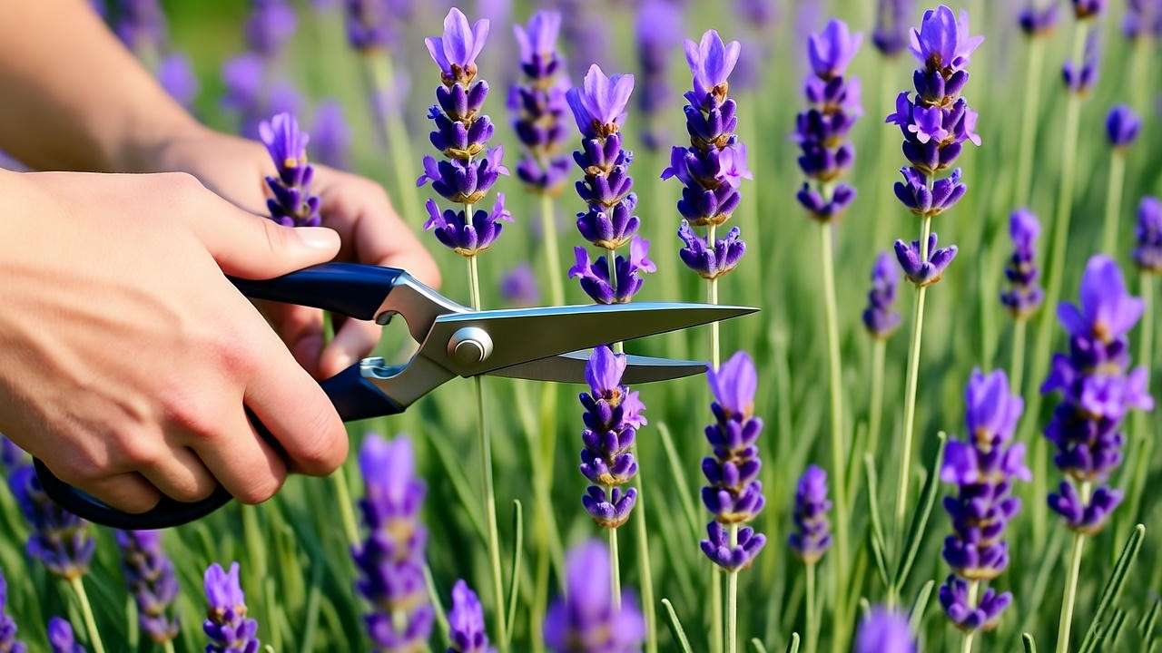 "Gardener pruning blue lavender plant with shears in a sunny garden for healthy growth."