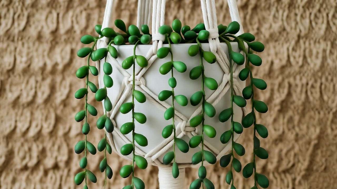 "Macramé hanging round planter with trailing string of pearls on bohemian wall" 
