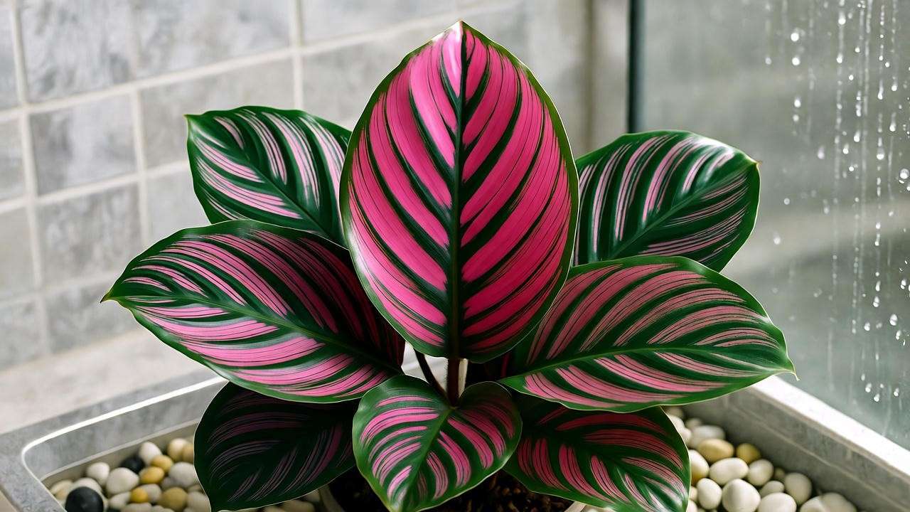  "Calathea 'Pink Fusion' with pink-striped leaves in a humid bathroom with a pebble tray". 