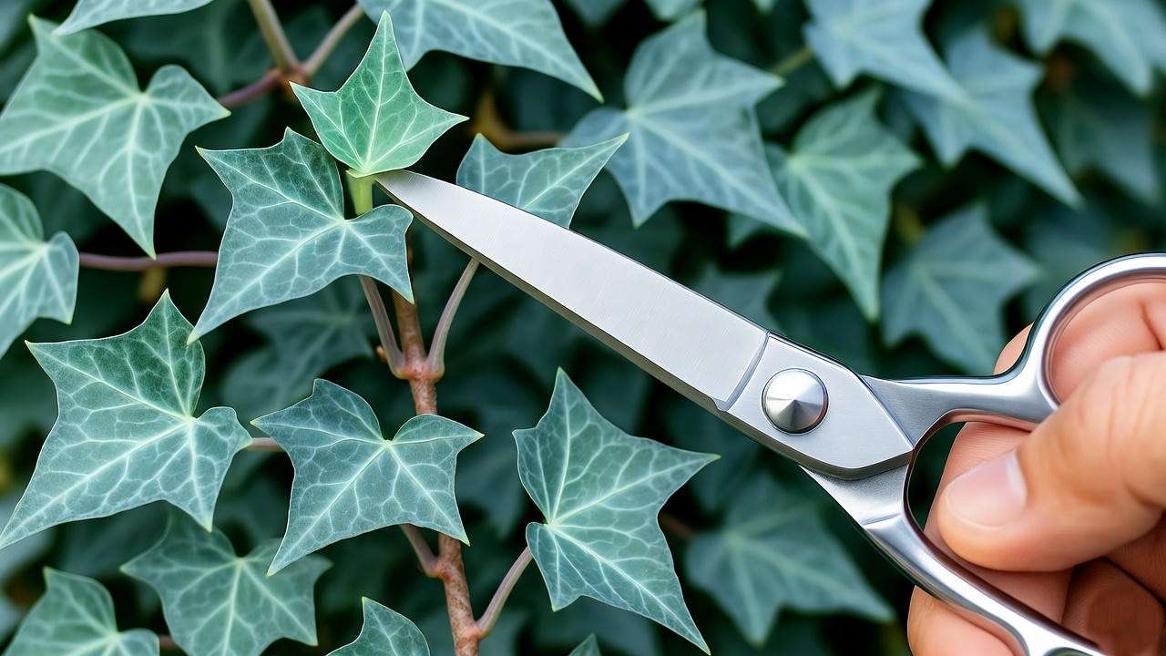 "Close-up of pruning a blue ivy plant with scissors for healthy growth."