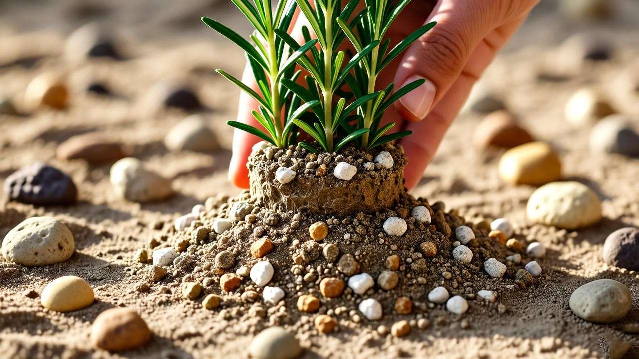 Close-up of upright rosemary plant being planted in well-draining sandy soil with perlite.