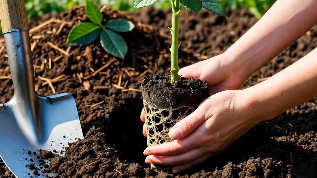 "Gardener planting a bare-root pink rose in prepared soil with shovel and compost in a sunny garden."