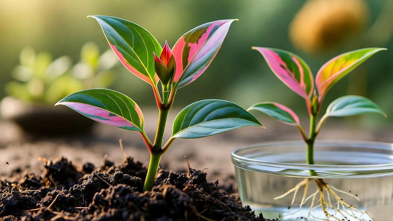 "Mezoo plant stem cutting propagating in soil and water with gardening tools."