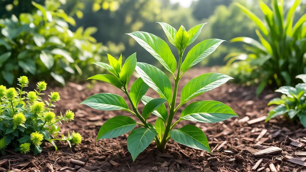 Loroco plant thriving in well-draining soil under sunlight with mulch in a humid garden. 