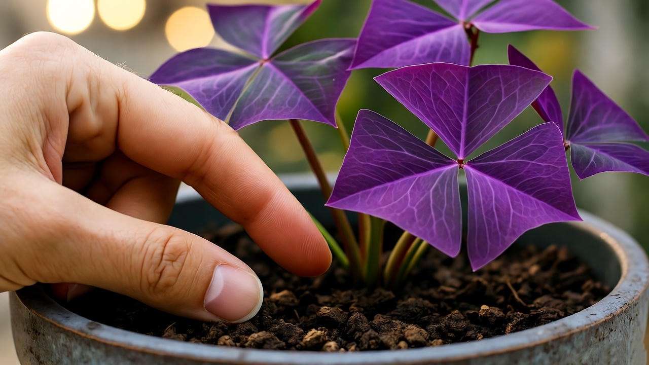 "Hand checking soil moisture of False Shamrock plant in well-draining pot" 