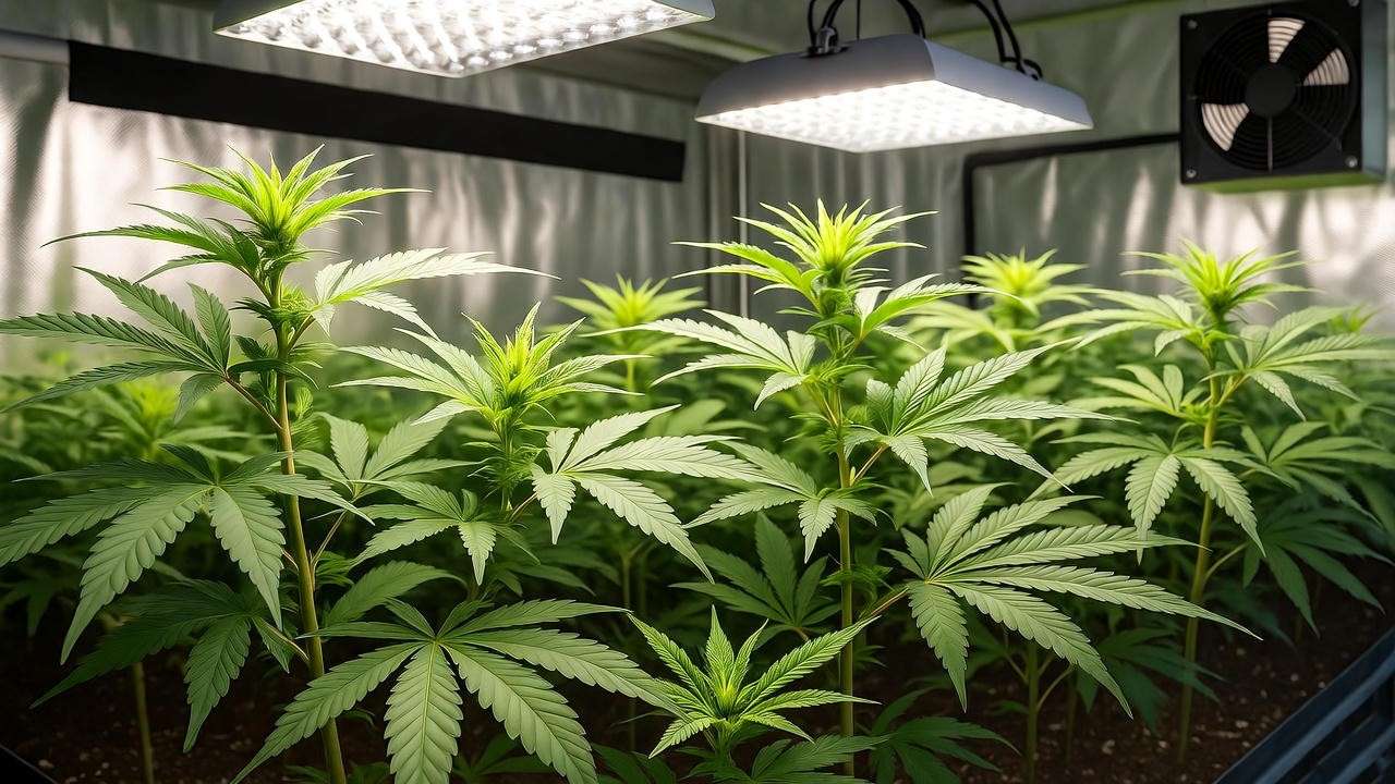 "Indoor grow tent with Mango Kush plants in vegetative stage under grow lights" 