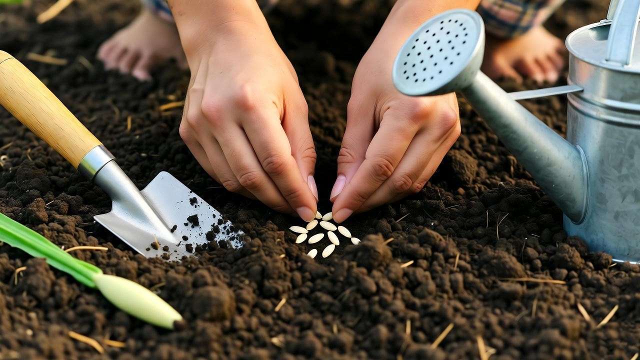 "Close-up of hands planting corn seeds into fertile soil with gardening tools nearby."