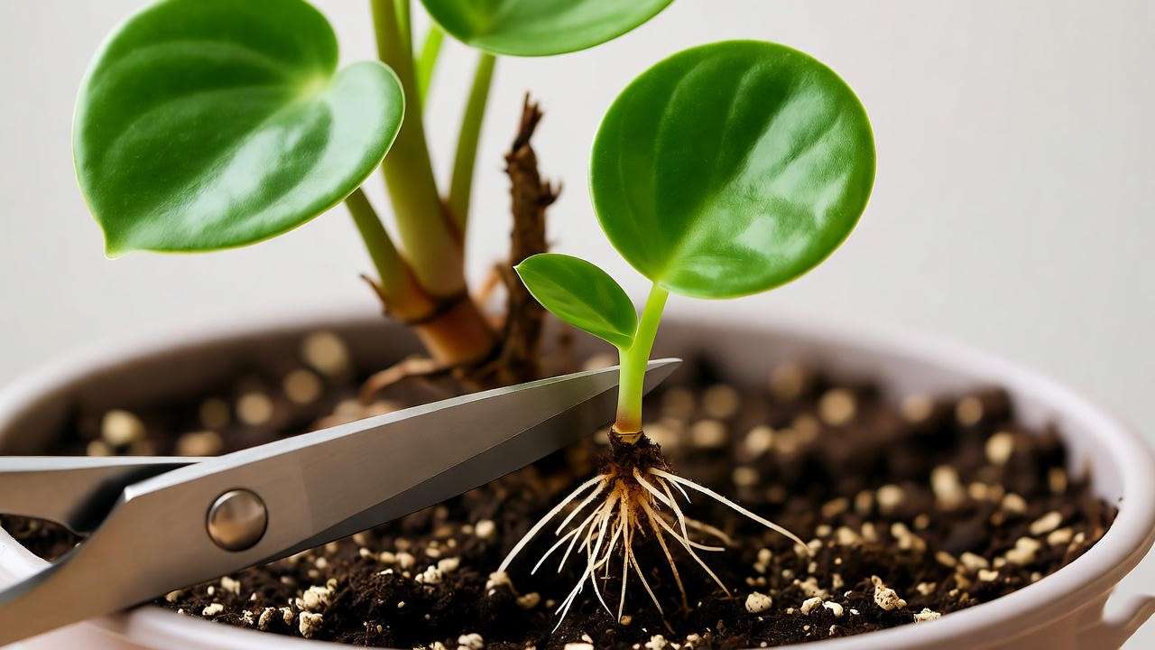 Turtle plant pup being propagated with clean scissors in a small pot with well-draining soil." 