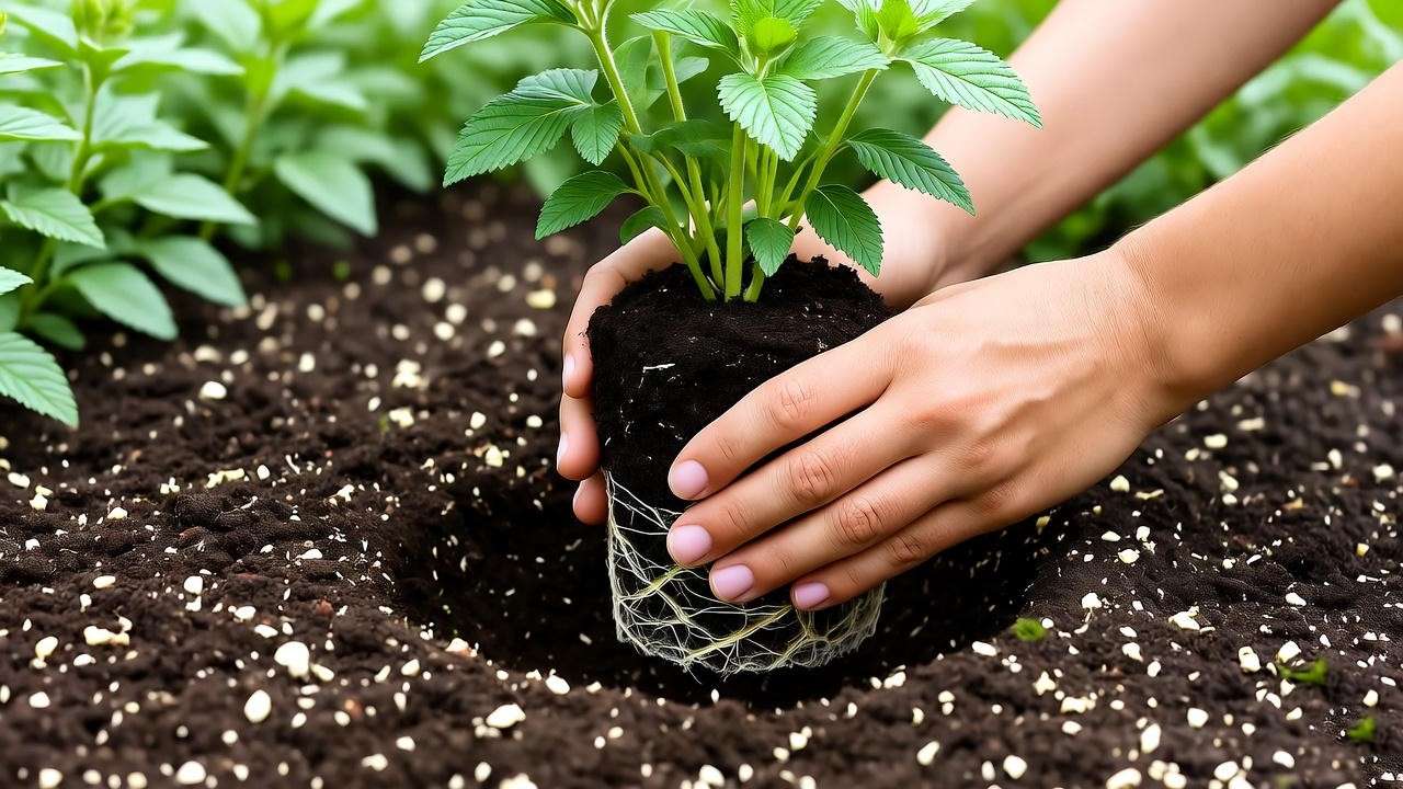  "Gardener planting sweet almond verbena in compost-mixed soil." 