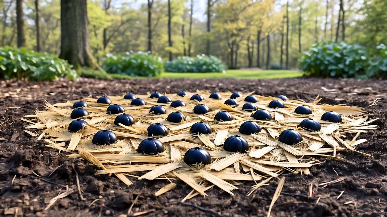 Garden bed with trillium seeds sown and covered with leaf mulch in dappled shade. 