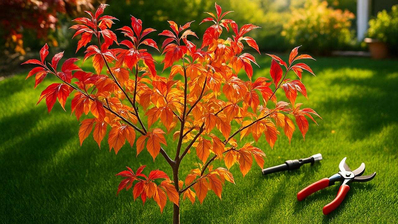 "Close-up of pruned color tree branch with vibrant leaves and gardening tools."