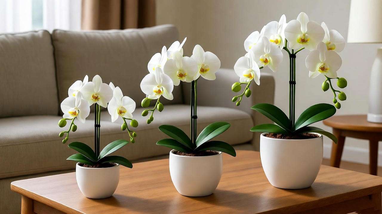 Different sizes of faux orchid planters near a couch and table in a spacious room. 
