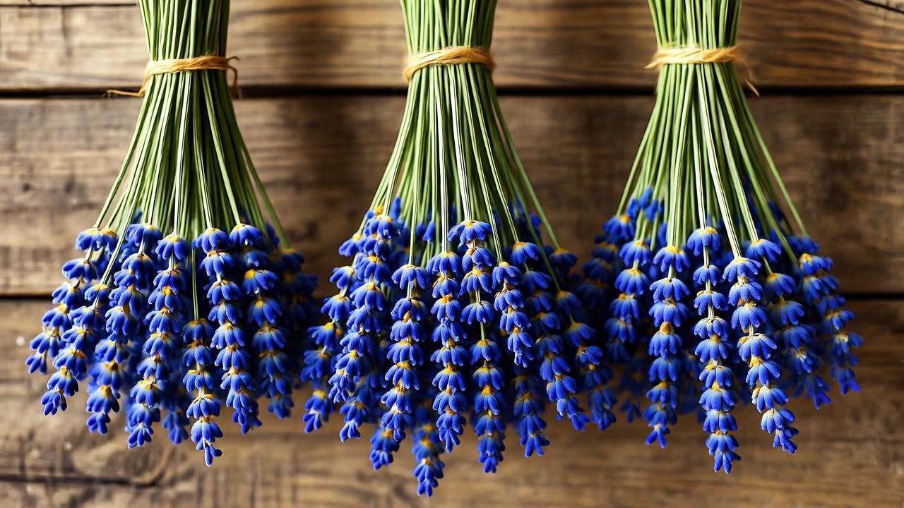 "Blue lavender bundles drying upside down in a rustic indoor setting for storage."