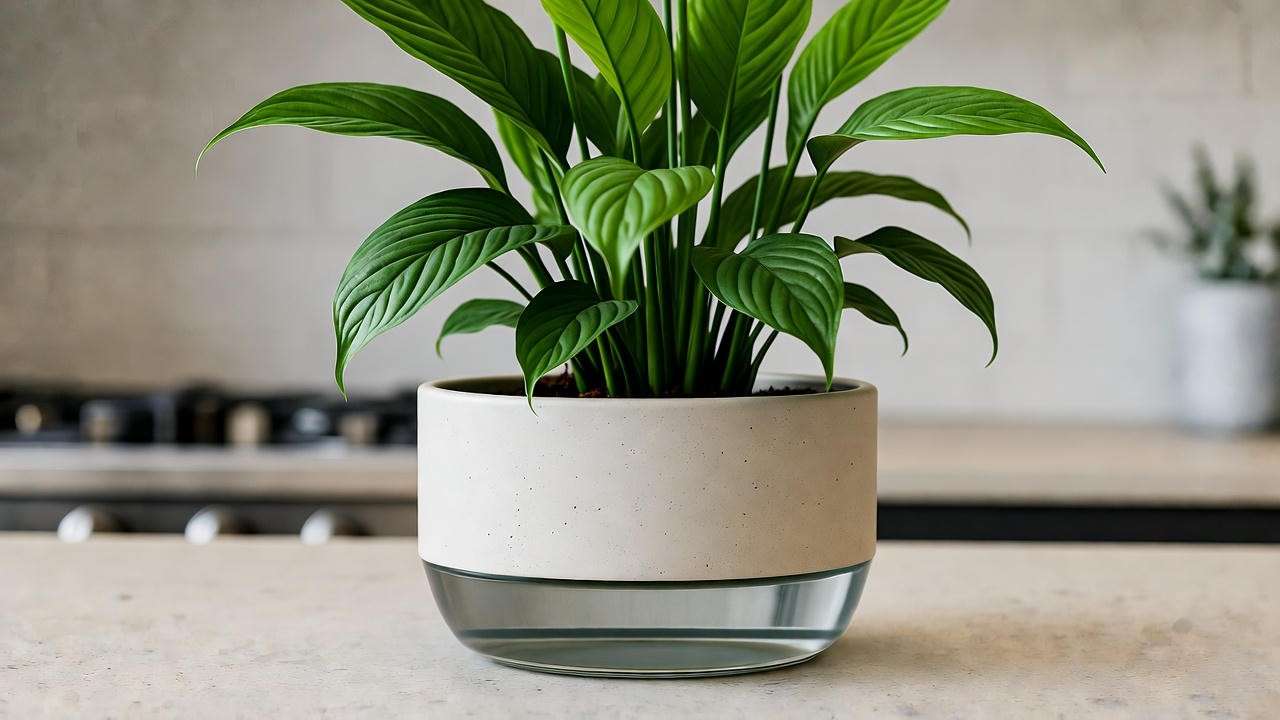 "Self-watering round planter with thriving peace lily on modern kitchen counter"