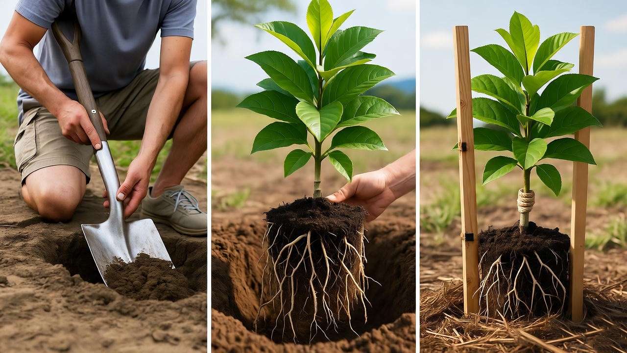 erson planting a wili wili tree with mulch and stakes in a dry garden. 