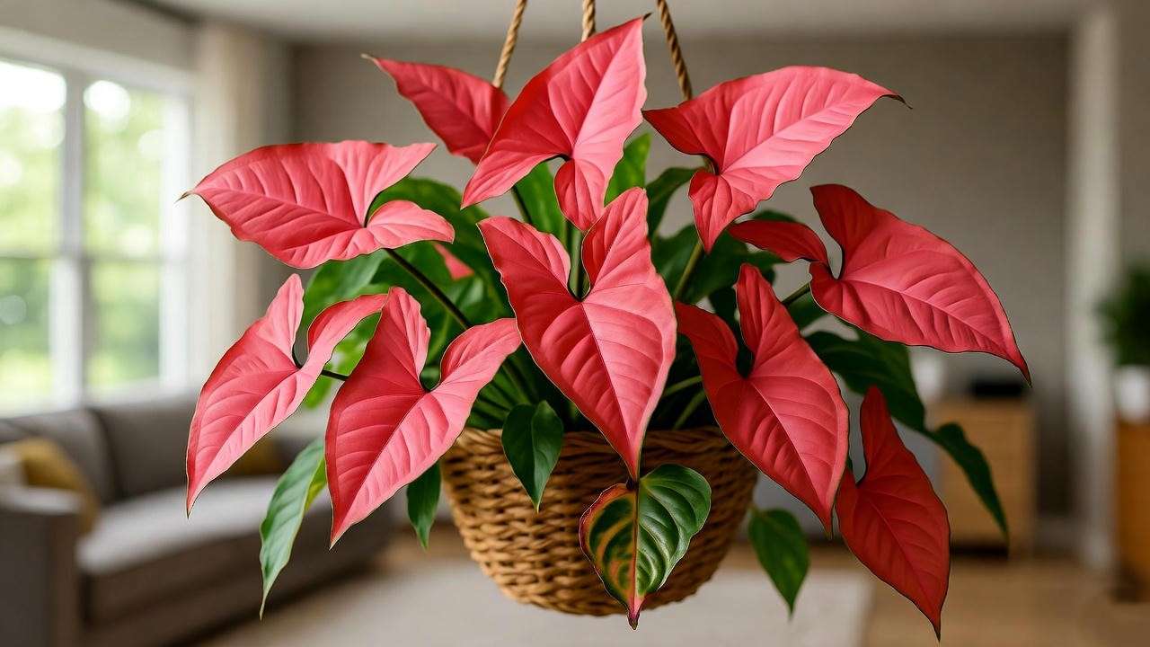 "Syngonium 'Neon Robusta' with neon-pink leaves trailing from a hanging basket". 