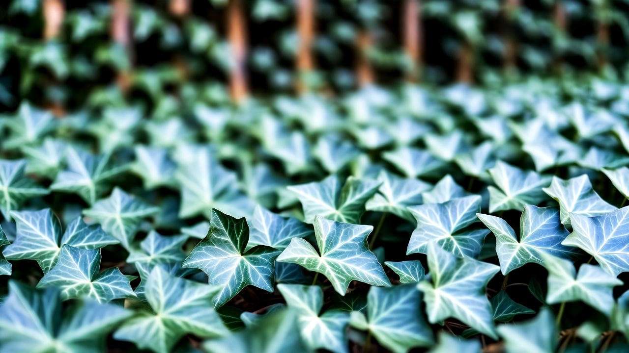 Blue ivy plant thriving as ground cover in a shaded garden setting.