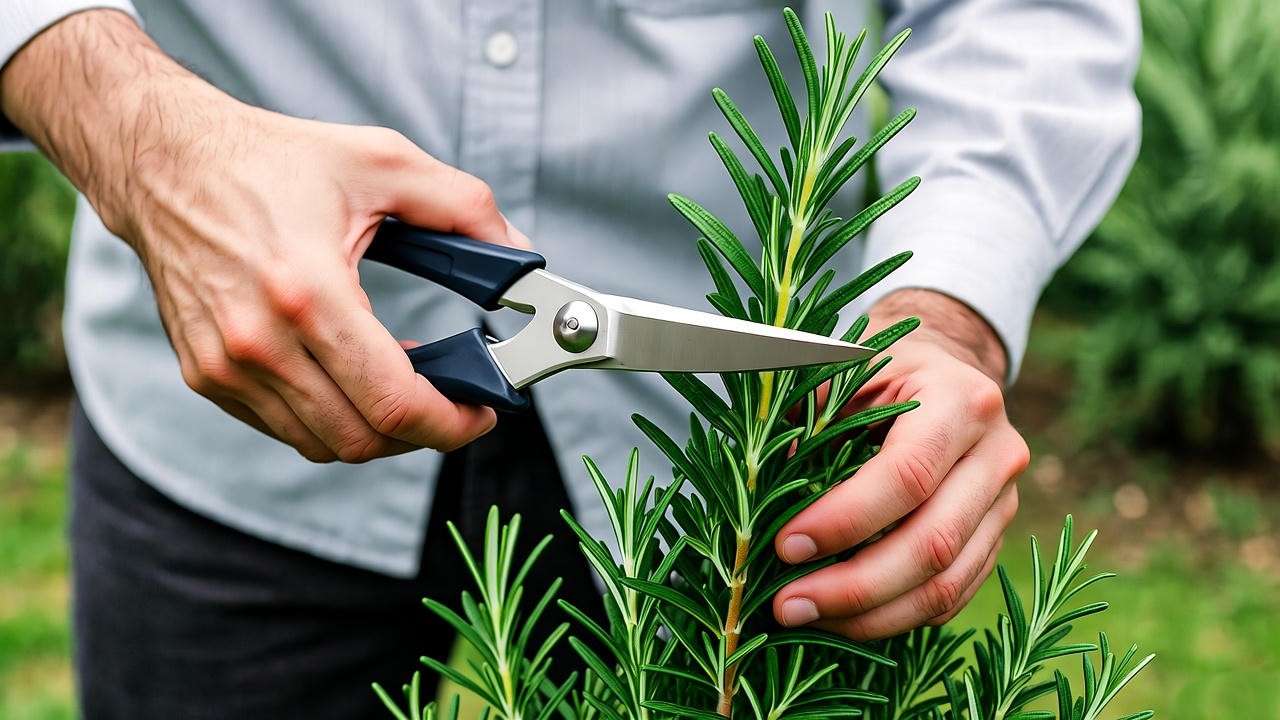 Person pruning upright rosemary plant with shears for bushy growth in a garden.